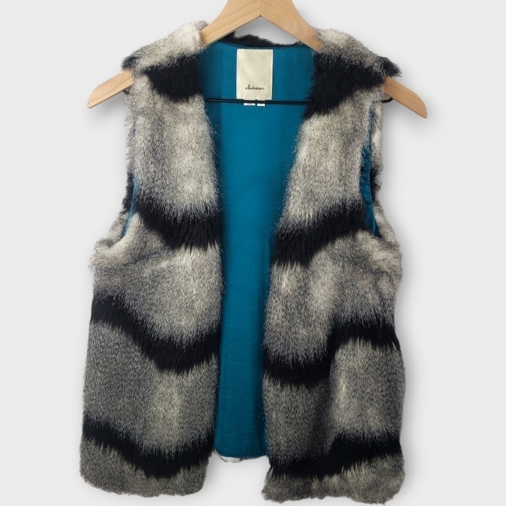 Anthropologie Elevenses Faux Fur Vest Black Grey White X-Small